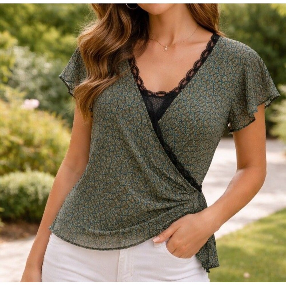 Emma James NEW Petite Blouse Top Women's 12 Romantic Lacey Green Brown Faux Wrap
